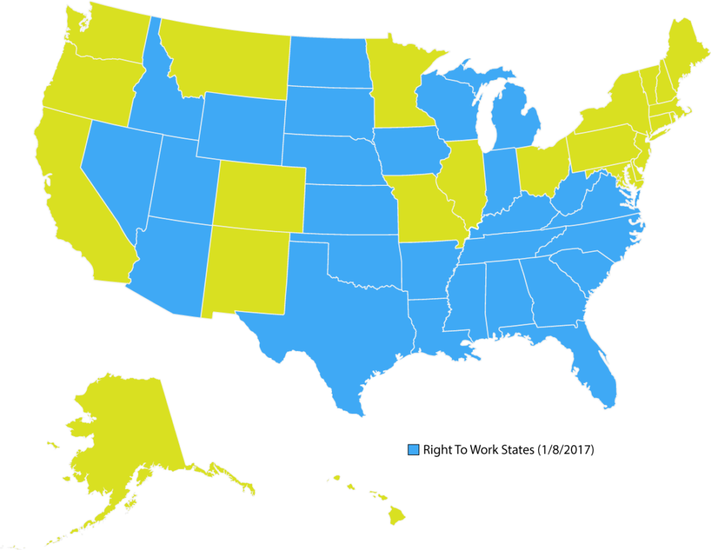 States with Right to Work legislation as of January 8th, 2017, according to the National Right to Work Committee.
